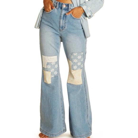 Billabong Denim - Billabong Women's X Wrangler High Rise Medium Wash True Blue Floral Patchwork